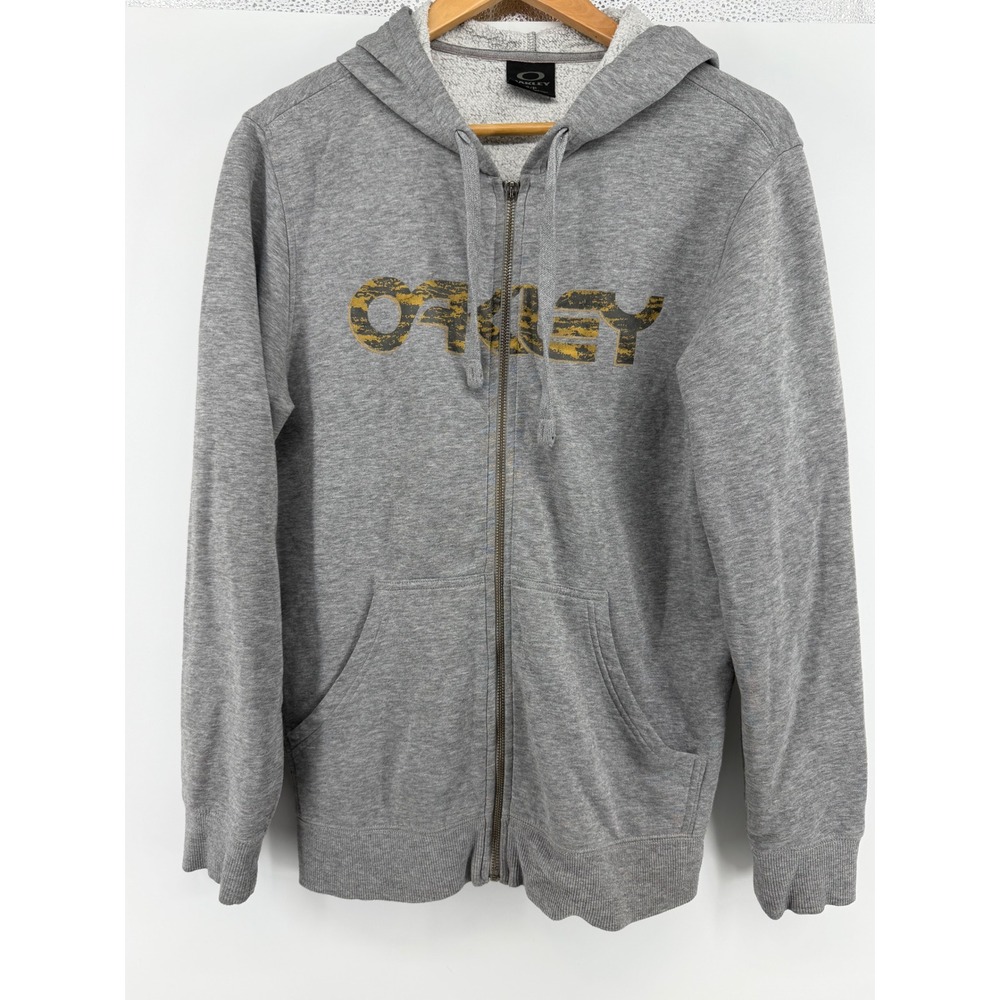 Y2K Oakley Mens Full Zip Hoodie Gray Camo Logo Fleece Sweatshirt Small